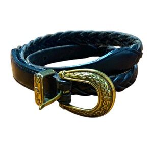 Black Leather Braided Belt, Thin, Gold hardware